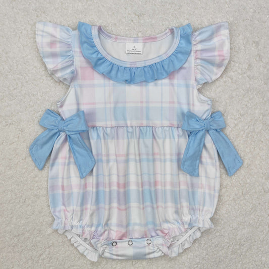 Baby Girl Infant Short Sleeves Colorful Plaid Bows Bubble Easter Romper