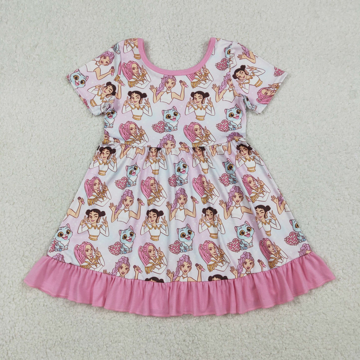 Baby Girls Kids Short Sleeves Singer Hearts Ruffle Knee Length Dress RTS