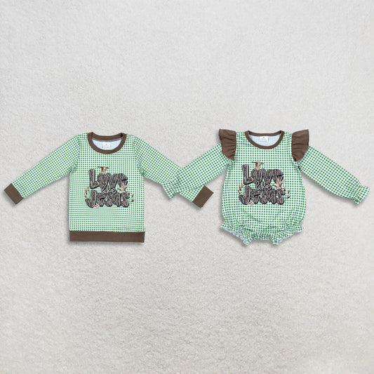 Sibling Baby Kids Toddler Long Sleeves Baby Girl Jesus Green Plaid Bubble Romper Shirt Christmas Clothes RTS