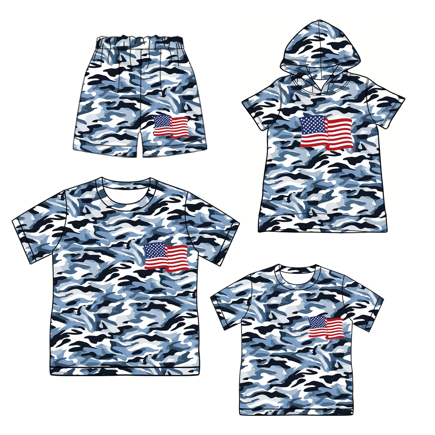 ( Moq 5 Each Style ) Sibling Baby Boys Adult Men Short Sleeves Camo Flags Shirts Shorts Clothes