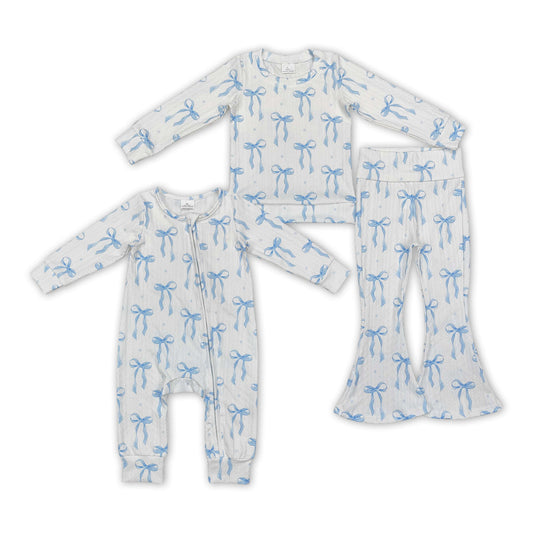 Baby Girl Long Sleeves Blue Bows Sibling Sisters Romper Clothes Set
