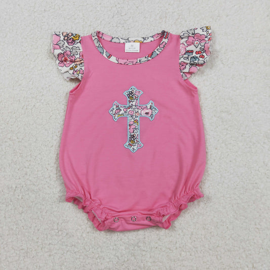 Baby Girls Infant Short Sleeves Embroidery Flower Cross Easter Pink Bubble Romper RTS