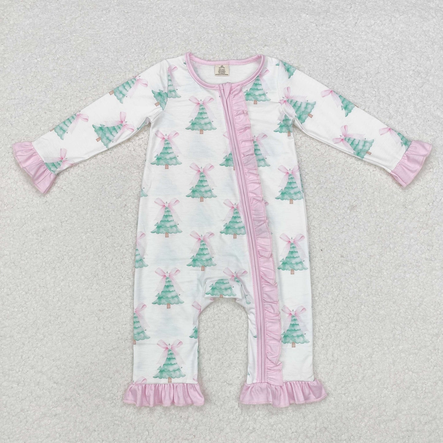 Baby Girl Long Sleeves Christmas Tree Bows Zipper Bamboo Romper