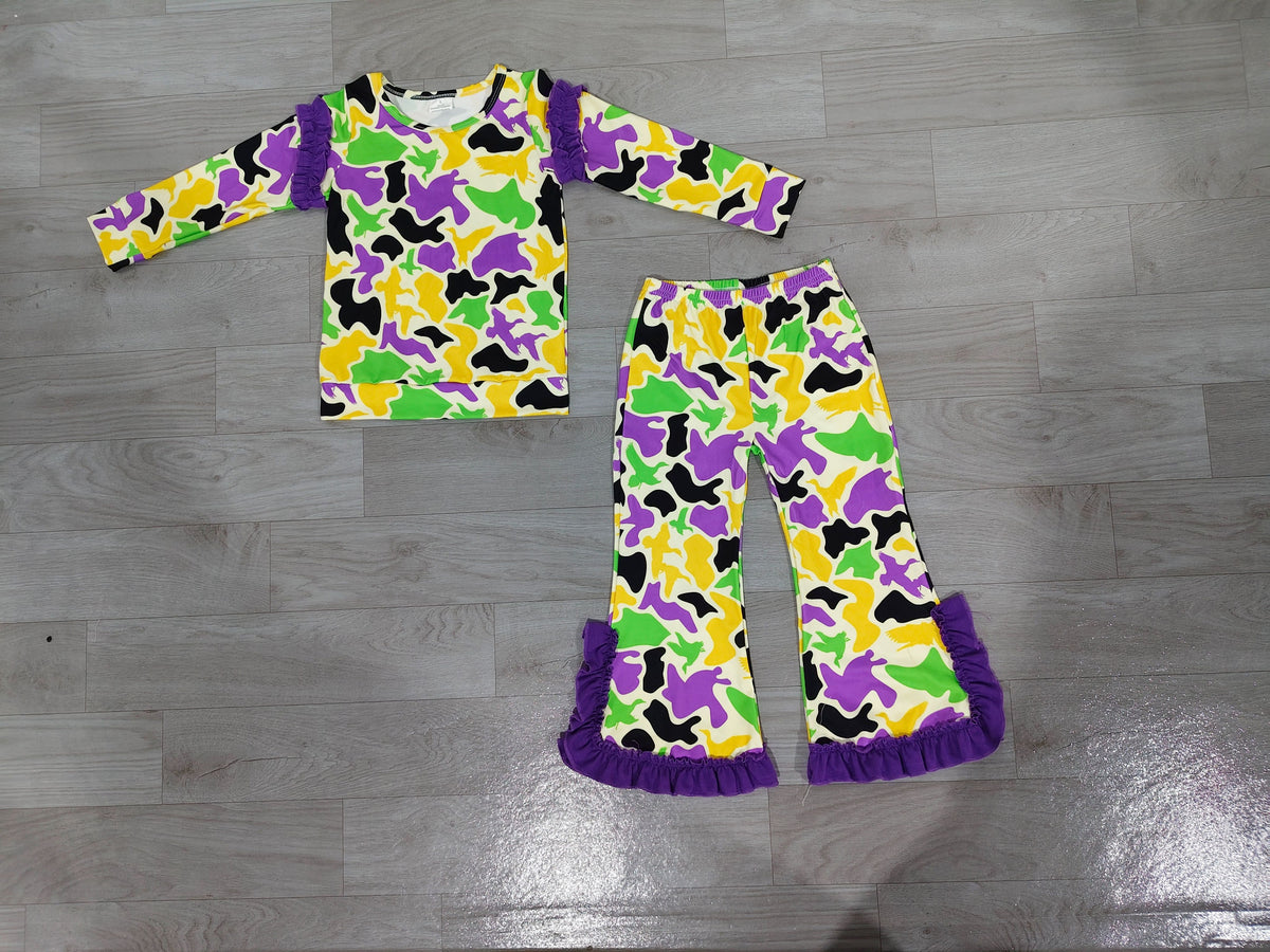 ( No moq ) Preorder Baby Girls Kids Long Sleeves Ducks Camo Shirt Bows Pants Set Mardi Gras Clothes