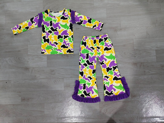 ( No moq ) Preorder Baby Girls Kids Long Sleeves Ducks Camo Shirt Bows Pants Set Mardi Gras Clothes
