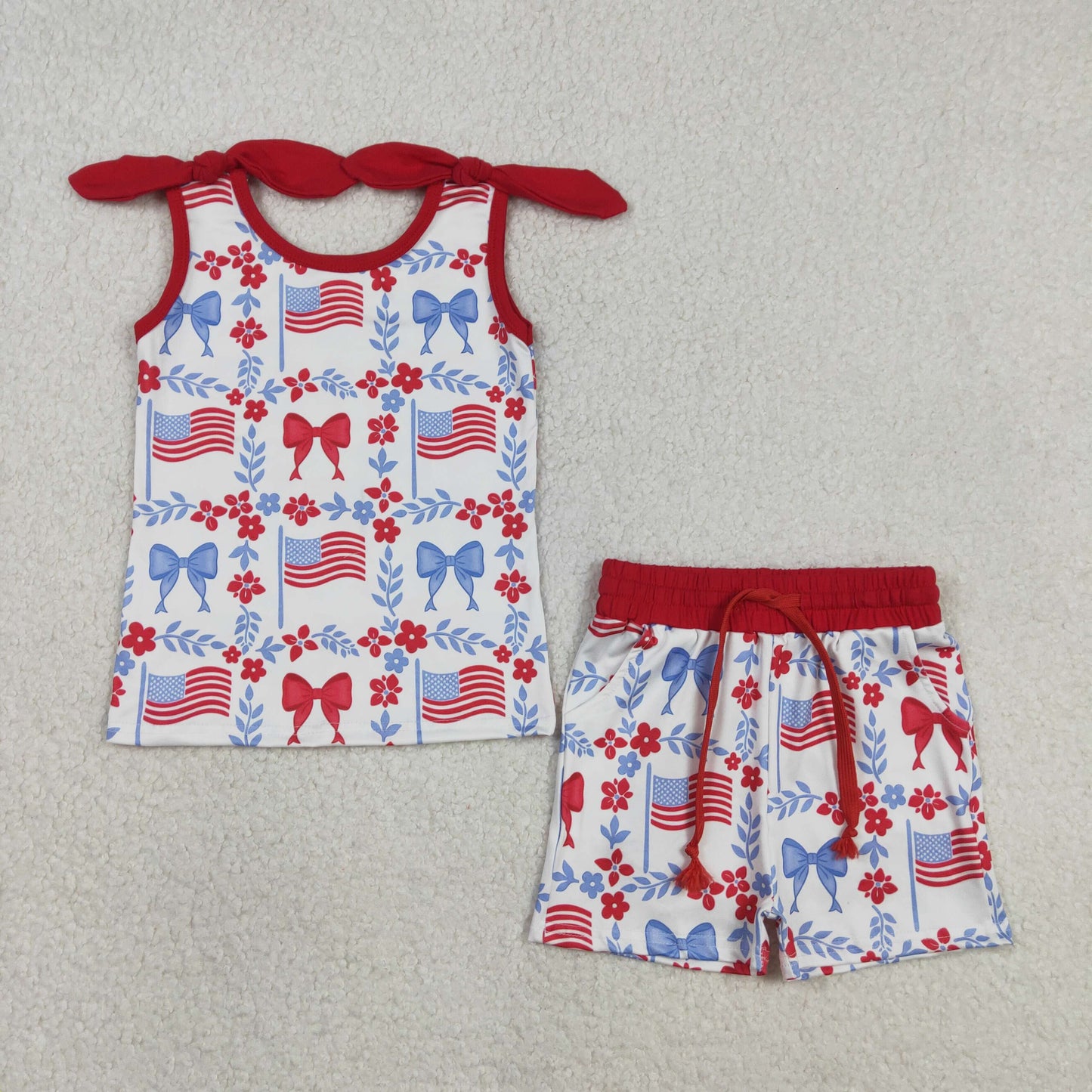 Baby Girls Kids Flags Bows Flowers Tops Pockets Shorts 4th of July Clothes Set RTS