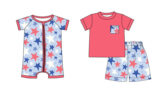 ( Moq 5 Each Style ) Baby Boys Kids Short Sleeves Shirt Shorts Sibling Stars 4th of July Set Zipper Romper