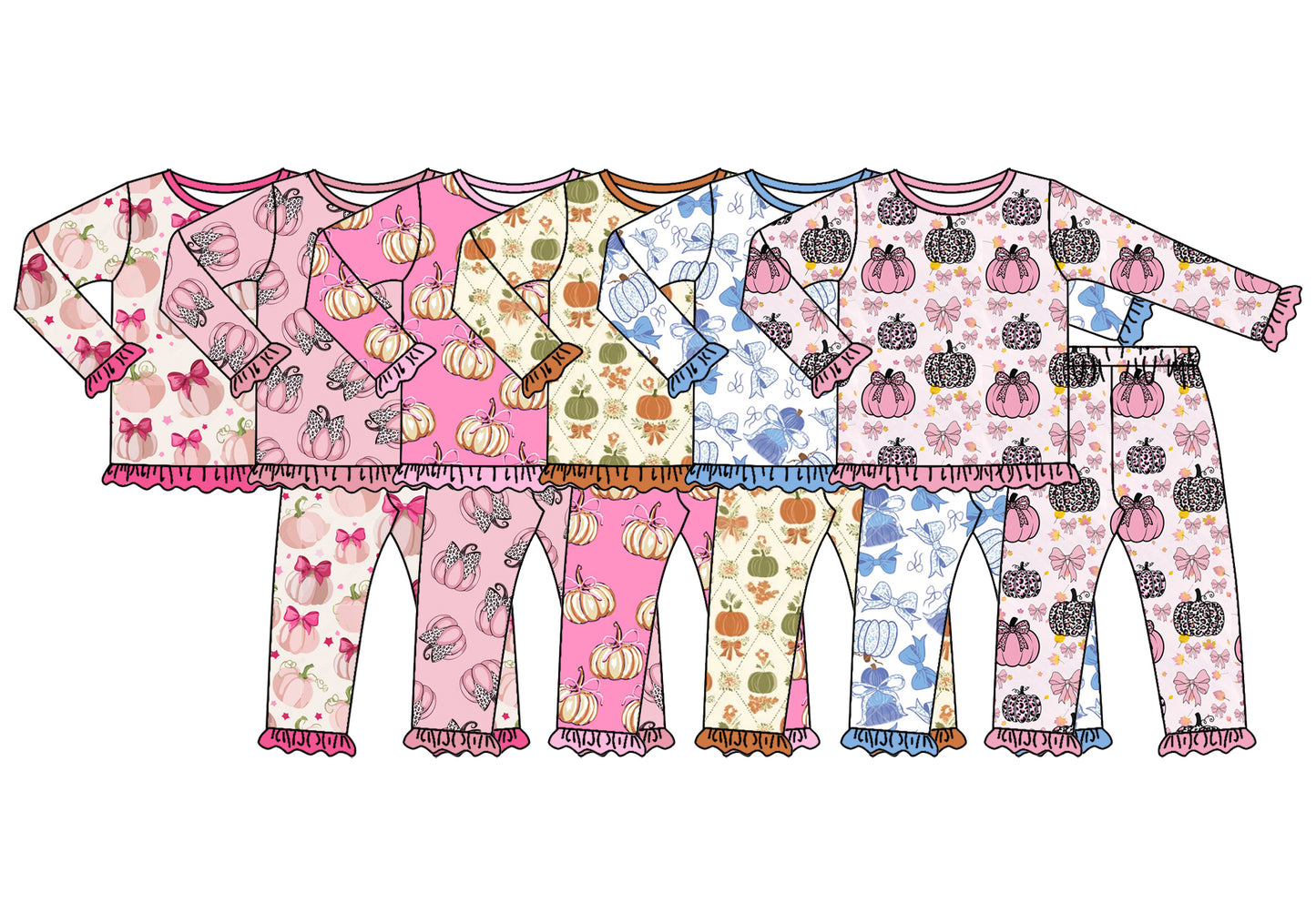 ( Moq 5 Each Style ) Sibling Baby Girls Kids Long Sleeves Pumpkins Bows Shirt Pants Sets Pajamas Fall Clothes
