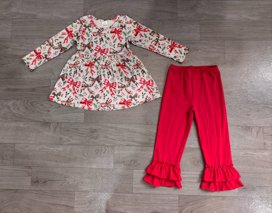 ( No moq ) Preorder Baby Girls Kids Long Sleeves Bows Christmas Shirt Red Pants Set Clothes