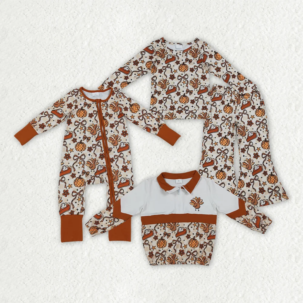 Sibling Baby Girls Kids Pumpkins Bows turkey Zipper Footie Romper Set Thanksgiving Fall Clothes RTS