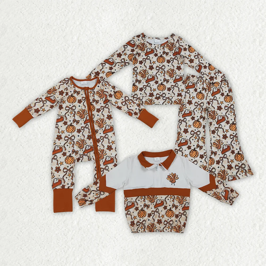 Sibling Baby Girls Kids Pumpkins Bows turkey Zipper Footie Romper Set Thanksgiving Fall Clothes RTS