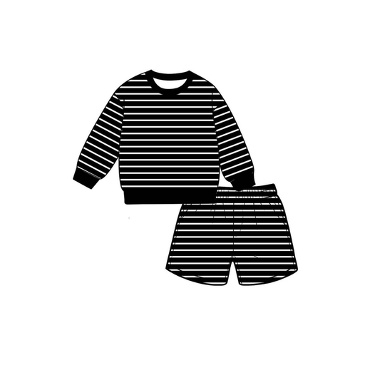 ( Moq 5 ) Preorder Baby Girls Kids Long Sleeves Shirt Shorts Black Stripes Set Yoga Active Clothes