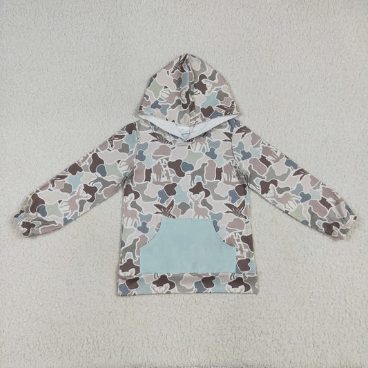 Baby Boy Long Sleeves Ducks Deer Dogs Camo Hunting Pocket Hoodie Shirt RTS