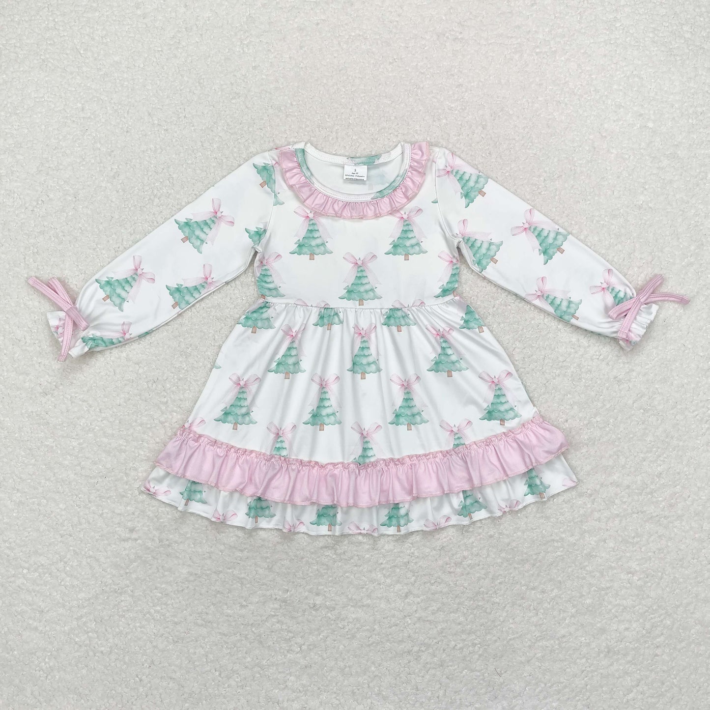 Baby Girl Long Sleeves Christmas Tree Bows Ruffle Dress