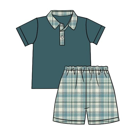 Moq 3 Pre-order BSSO0716 Baby Boy Short Sleeves Green Buttons Shirt Plaid Shorts Set