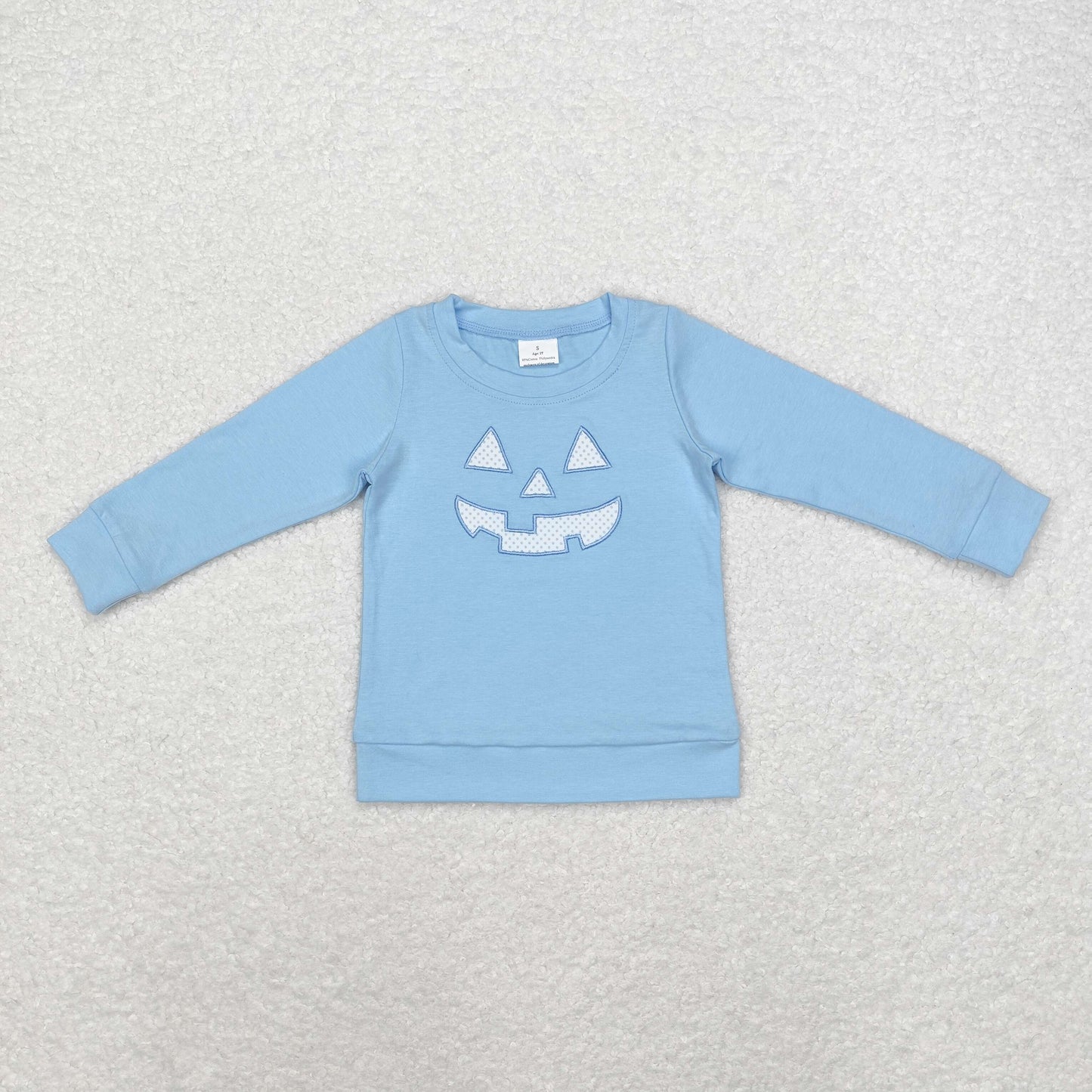 Baby Boy Embroidery Halloween Smile Face Long Sleeves Blue Shirt Tops