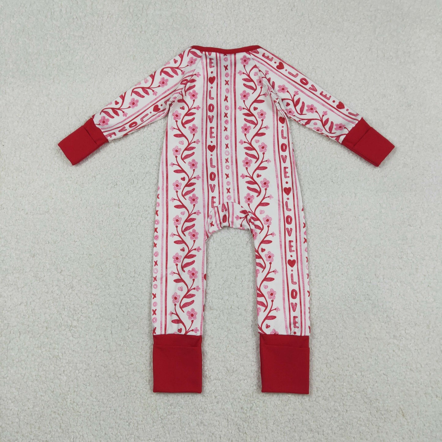 Baby Girls Long Sleeves Flower Hearts Valentine Red Zipper Sleeper Romper RTS