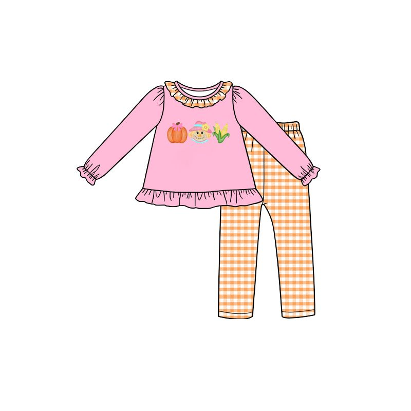 ( Moq 5 ) Preorder Baby Girls Kids Long Sleeves Pumpkin Pink Tunic Plaid Pants Fall Set Clothes