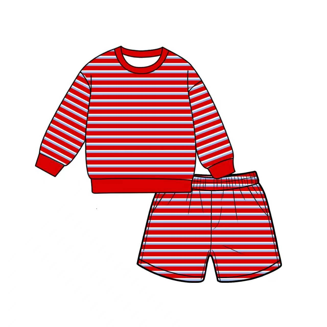 ( Moq 5 ) Preorder Adult Women Long Sleeves Red Blue Stripes Shirt Pockets Shorts Yoga Active Set