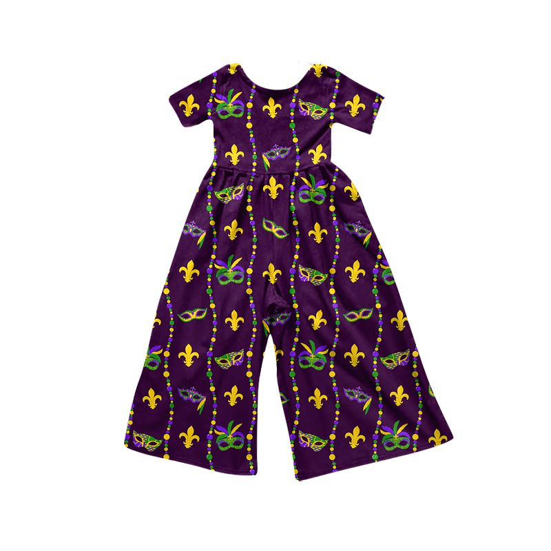 ( Moq 5 ) Preorder Baby Girls Kids Short Sleeves Masks Flower Overalls Jumpsuit Mardi Gras Clothes