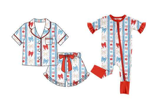 ( Moq 5 Each Style ) Baby Girls Kids Toddler Bows Flags Stripes Sibling 4th of July Zipper Romper Pajamas Set