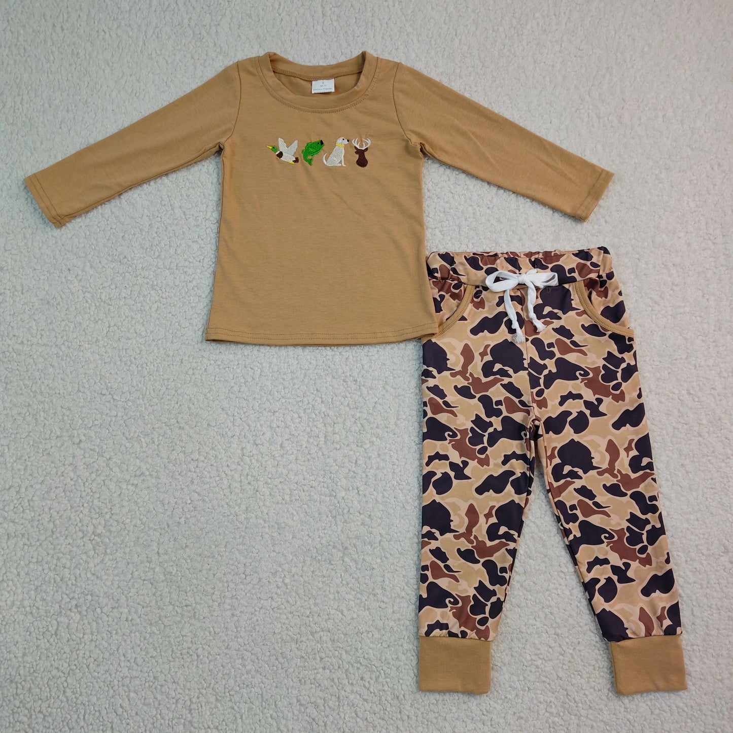 Baby Boys Kids Embroidery Dogs Ducks Deer Shirt Pockets Camo Pants Set Clothes RTS