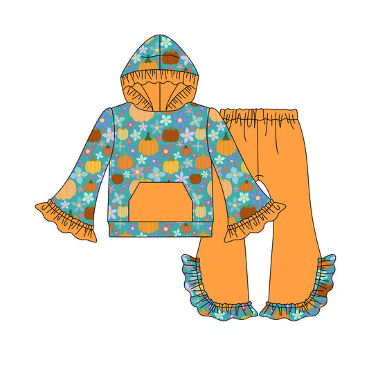 Moq 5 Baby Girls Fall Orange Pumpkin Flowers Hooded Top Ruffle Pants Set