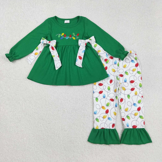 Baby Girl Green Long Sleeves Embroidery Lights Bows Tunic Ruffle Pants Christmas Set RTS