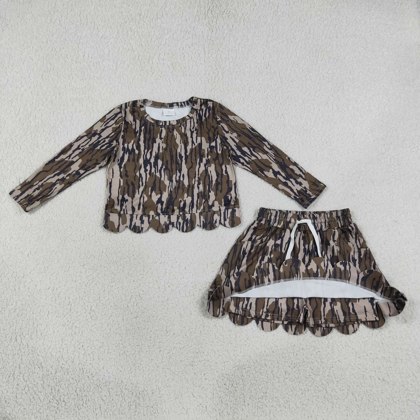 Baby Girls Kids Long Sleeves Shirt Scallop Pockets Skirt Shorts Olive Camo Set Clothes RTS