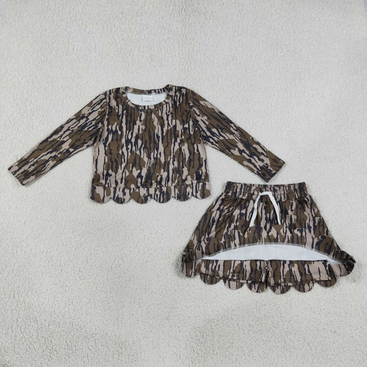 Baby Girls Kids Long Sleeves Shirt Scallop Pockets Skirt Shorts Olive Camo Set Clothes RTS