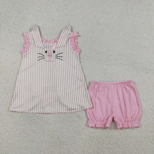 Baby Girls KIds Embroidery Rabbits Bows Stripes Tops Pink Shorts Easter Set RTS