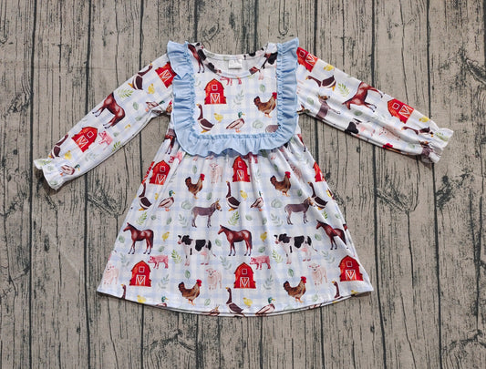 Preorder Baby Girl Long Sleeves Farm Animals Blue Ruffle Knee Length Dress（ No moq ）