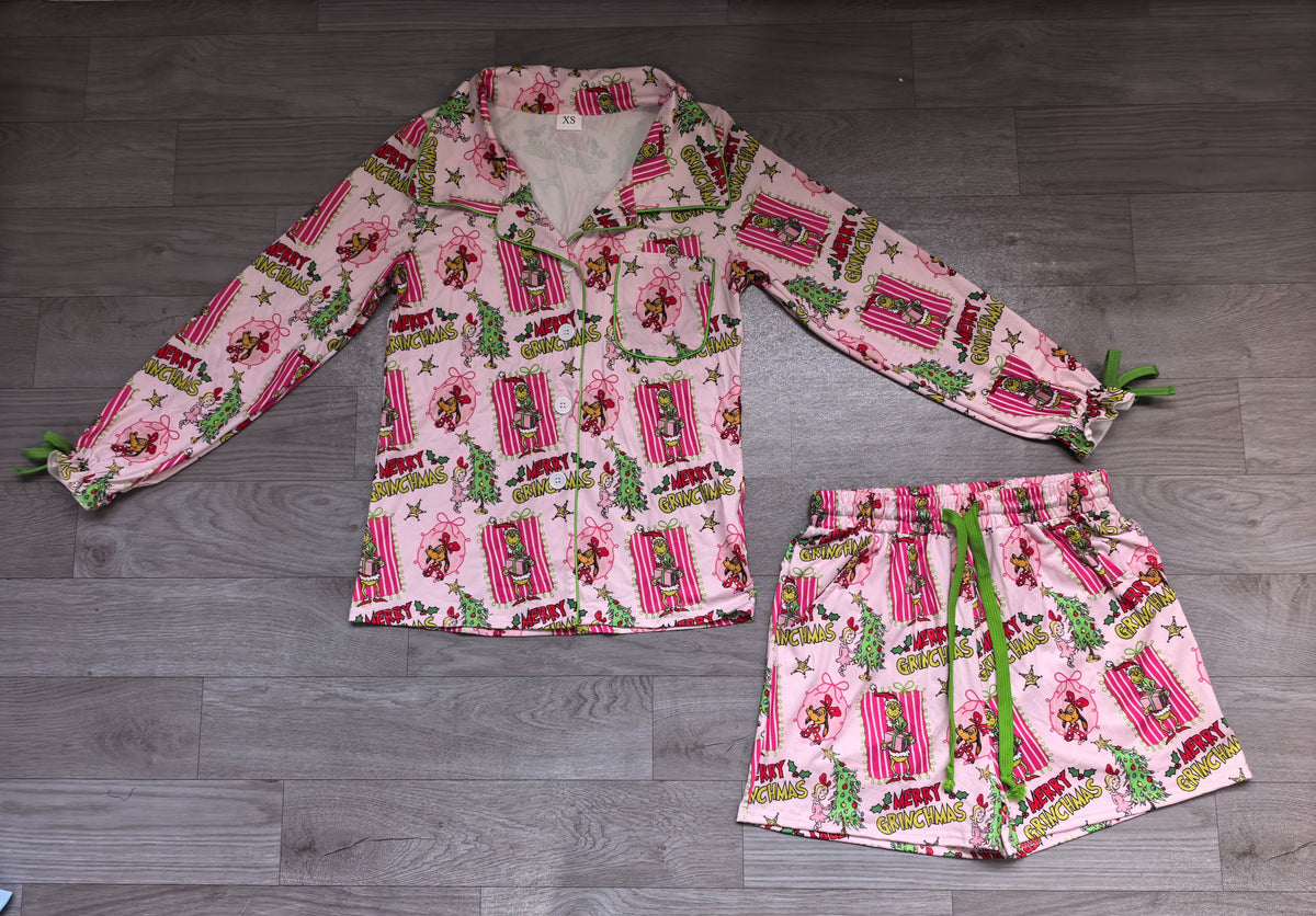 ( No moq ) Preorder Adult Women Christmas Green Face Bows Buttons Tops Pockets Shorts Pajamas Set