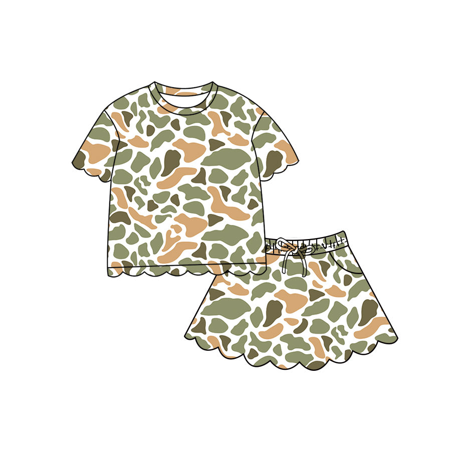 ( Moq 5 ) Preorder Baby Girls Kids Short Sleeves Camo Scallop Shirt Skirt Shorts Set Clothes