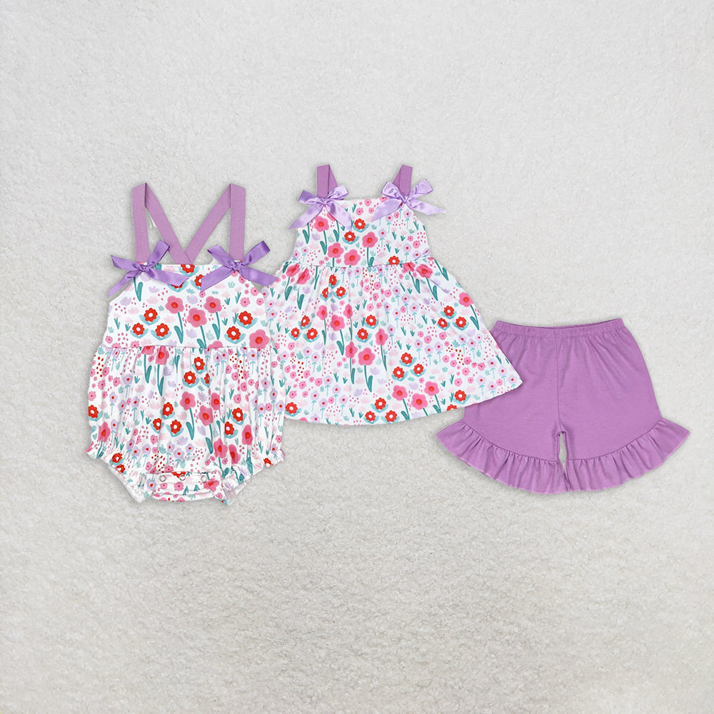 Baby Girl Sleeveless Flower Bows Sibling Purple Romper Set Clothes RTS