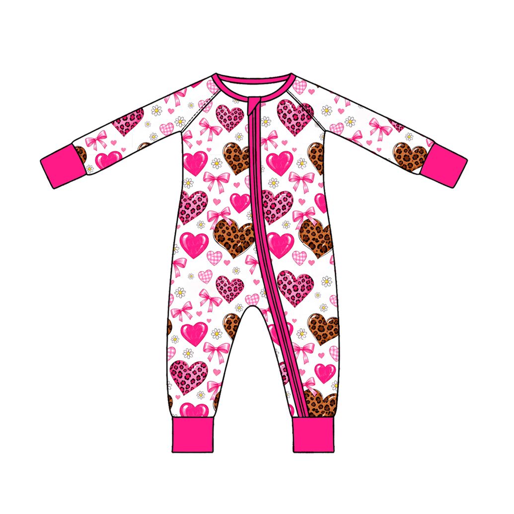 ( Moq 5 )  Preorder Baby Girls Leopard Hearts Bows Zipper Sleeper Romper Valentine Clothes