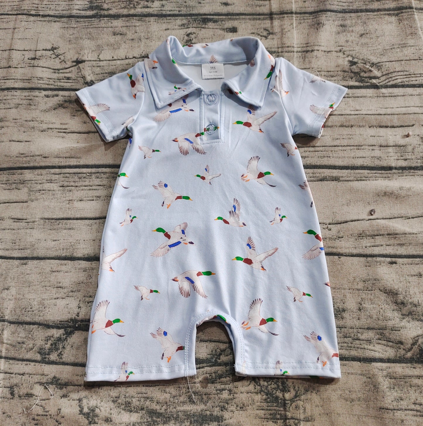 Baby Boy Short Sleeves Buttons Ducks Blue Romper RTS