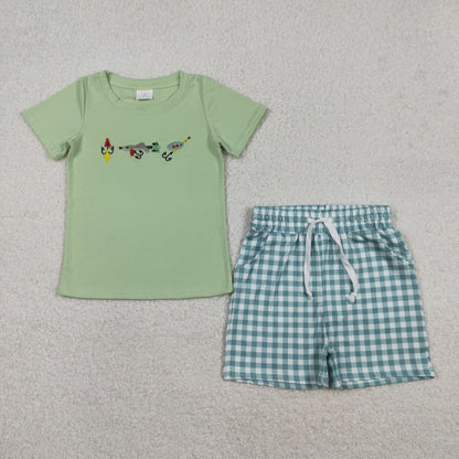 Baby Girls Short Sleeves Embroidery Fishing Shirt Plaid Ruffle Shorts Clothes Set RTS