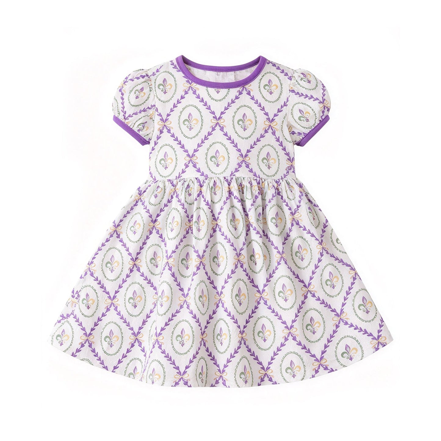 ( Moq 5 ) Preorder Baby Girls Kids Short Sleeves Anchors Mardi Gras Knee Length Dress Clothes