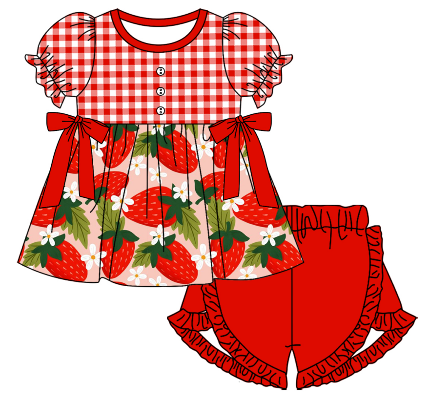 Baby Girl Short Sleeves Strawberry Flower Sibling Romper Dress Clothes Set ( Moq 5 Each Design )