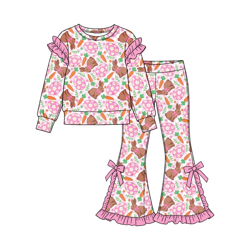 ( Moq 5 ) Preorder Baby Girls Kids Rabbits Eggs Carrots Shirt Bows Ruffle Pants Set Easter Clothes