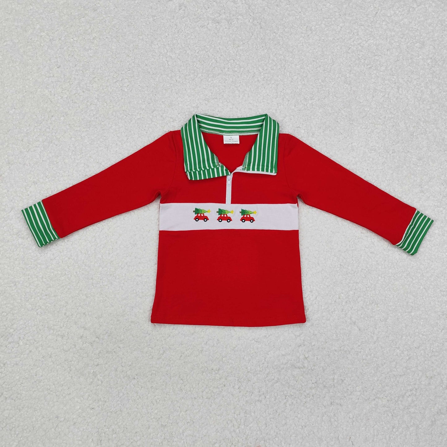 Baby Boy Christmas Embroidery Tree Car Zipper Red Pullover Shirt