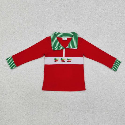 Baby Boy Christmas Embroidery Tree Car Zipper Red Pullover Shirt