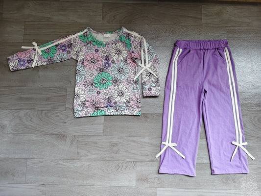 Baby Girls Kids Halloween Pumpkins Flower Bows Shirt Pockets Purple Pants Set RTS