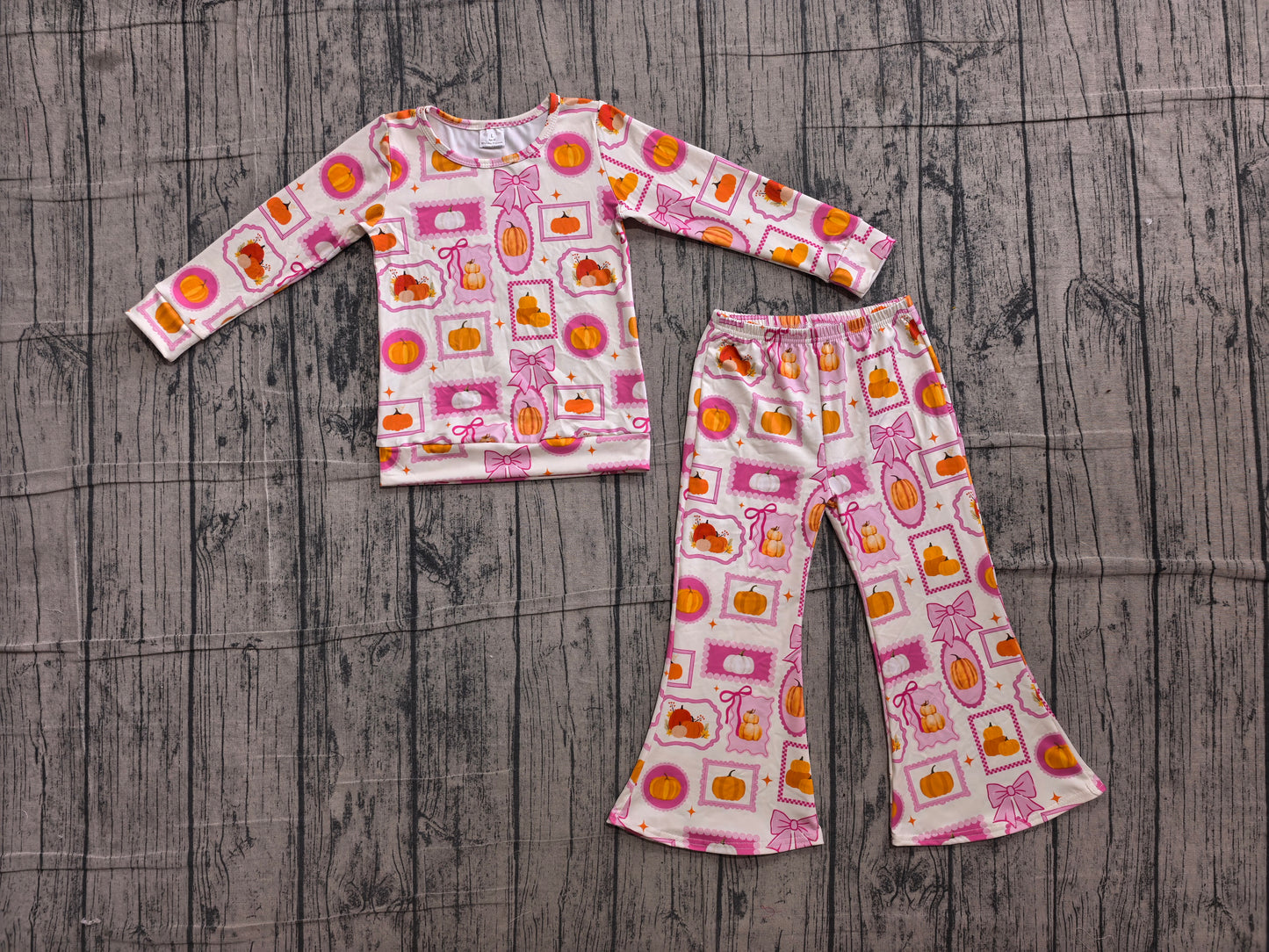 ( No moq ) Preorder Baby Girls Kids Long Sleeves Pumpkins Bows Shirt Bell Pants Fall Set Clothes