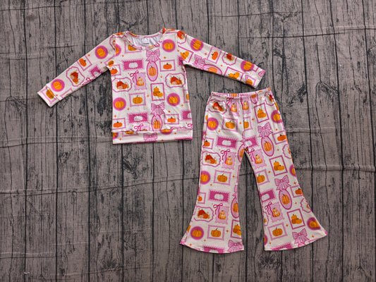 ( No moq ) Preorder Baby Girls Kids Long Sleeves Pumpkins Bows Shirt Bell Pants Fall Set Clothes