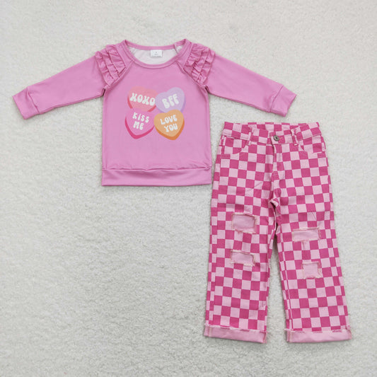 GLP1166 Baby Girl Long Sleeves Hearts Shirt Checkered Denim Pants Valentine's Day Set