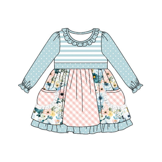 Baby Girl Long Sleeves Flower Pocket Knee Length Dress