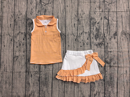 ( No moq ) Preorder Baby Girls Orange Stripes Buttons Tops Shorts Ruffle Skirts Yoga Clothes Set