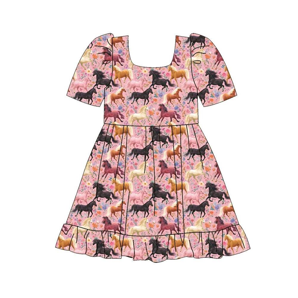( Moq 5 ) Preorder Baby Girls Kids Short Sleeves Horse Flower Knee Length Dress Clothes